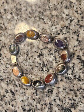 Vintage Taxco Mexico Sterling Silver Multi Stone Link Bracelet